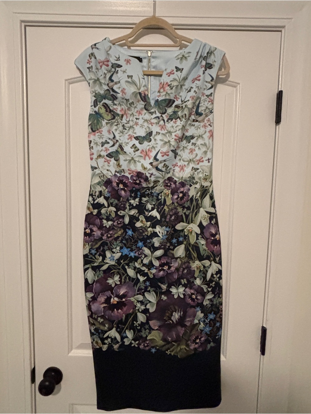 Ted Baker Floral Butterfly Sheath Dress in Light Blue and Purple